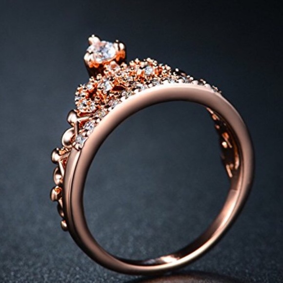 Rose Gold Plated Princess Tiara CZ Diamond Ring - Picture 2 of 4